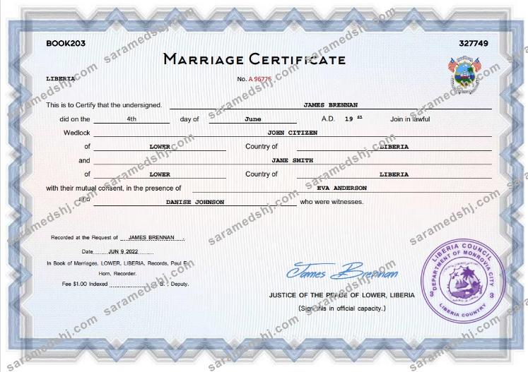 Liberia marriage certificate Word and PDF template